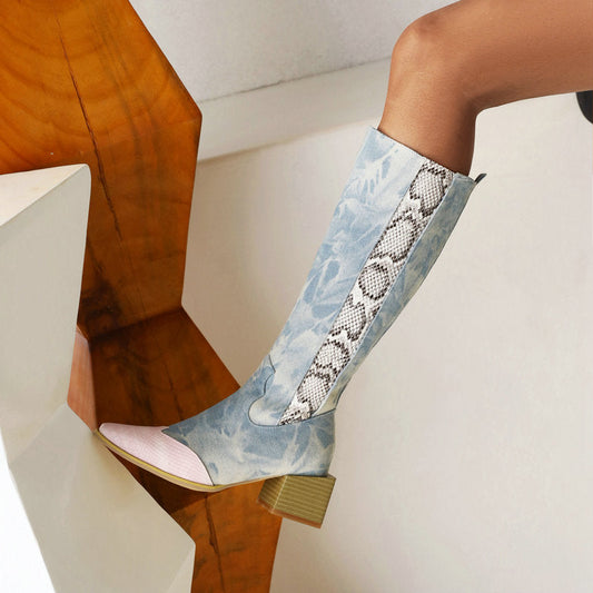 Denim laarzen met slangenprint detail
